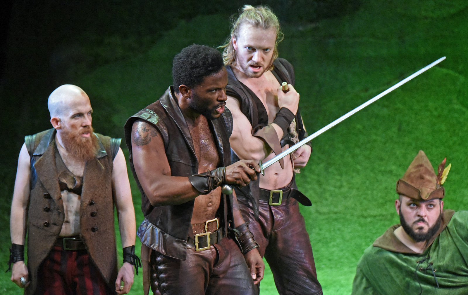 Vesturport and The Wallis’ The Heart of Robin Hood. Pictured (l-r): Jeremy Crawford, Luke Forbes, Sam Meader, and Daniel Franzese. Photo credit: Kevin Parry for The Wallis.
